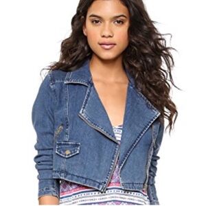 Free People Blue Cropped Denim Moto Jacket